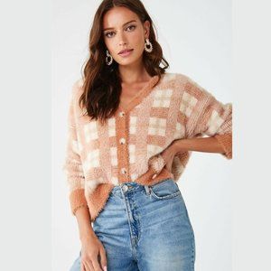 Forever 21 Cider Orange & Cream Plaid Eyelash Knit Button Front Cardigan Sweater